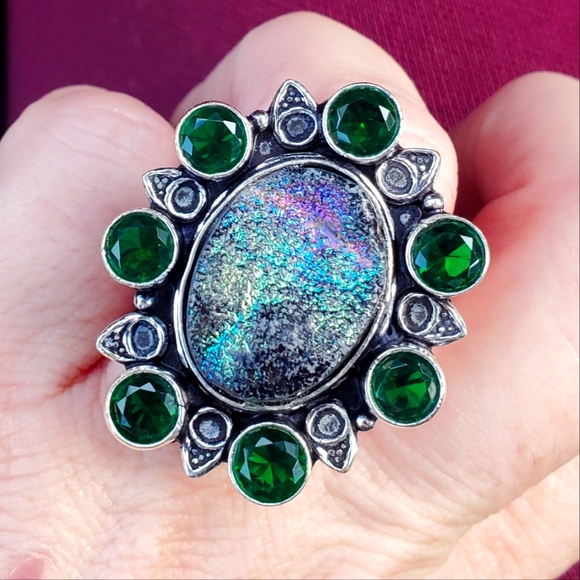 Handmade Jewelry - New Rainbow Titanium Druzy & Chrome Diopside 925 Silver Statement Ring.